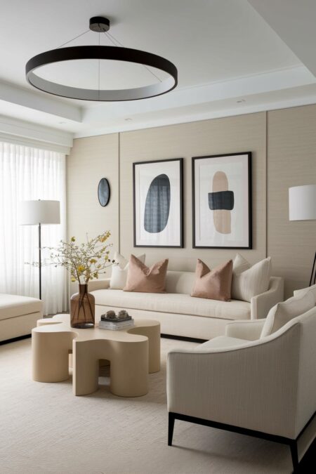 contemporary beige living room with abstract artwork, black accents, and designer coffee table