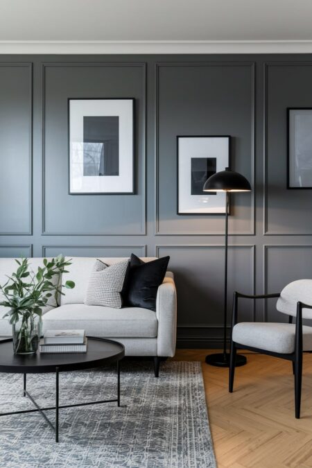 contemporary gray living room with moldings, light gray furniture; black picture frames, floor lamp, and furniture legs
