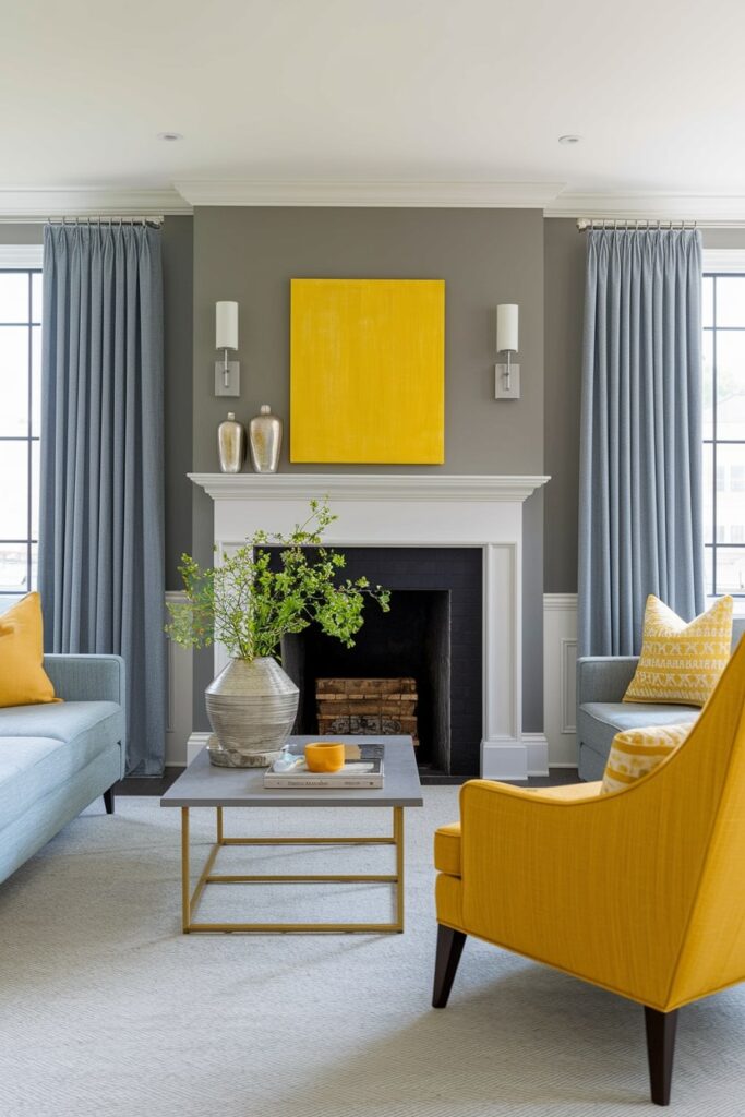 contemporary living room with gray walls and furniture, yellow accents in artwork and pillows