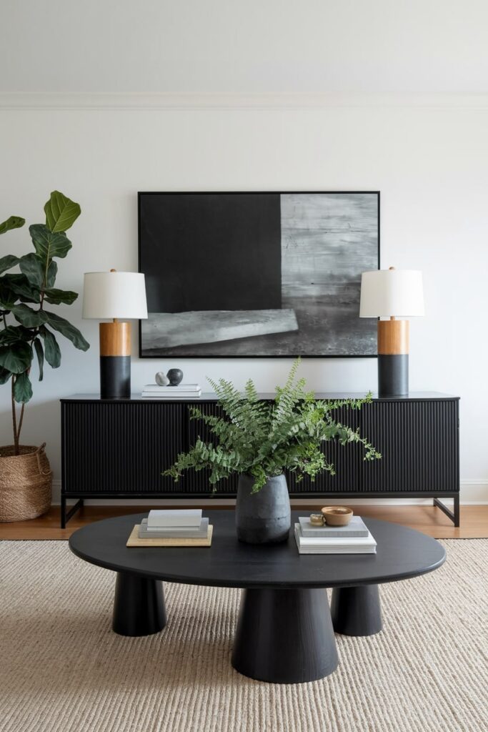 contemporary living room with white walls and sculptural black coffee table, black console table with cabinets, abstract artwork