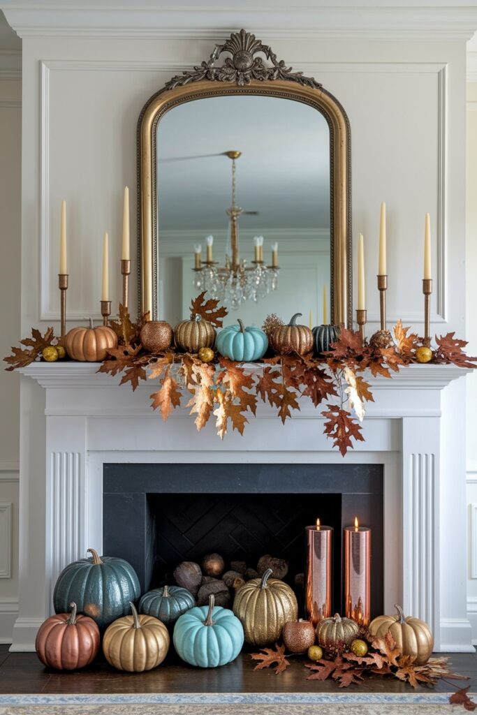 copper pumpkins, fall leaves, candlesticks and candles as metallic Thanksgiving mantel decor