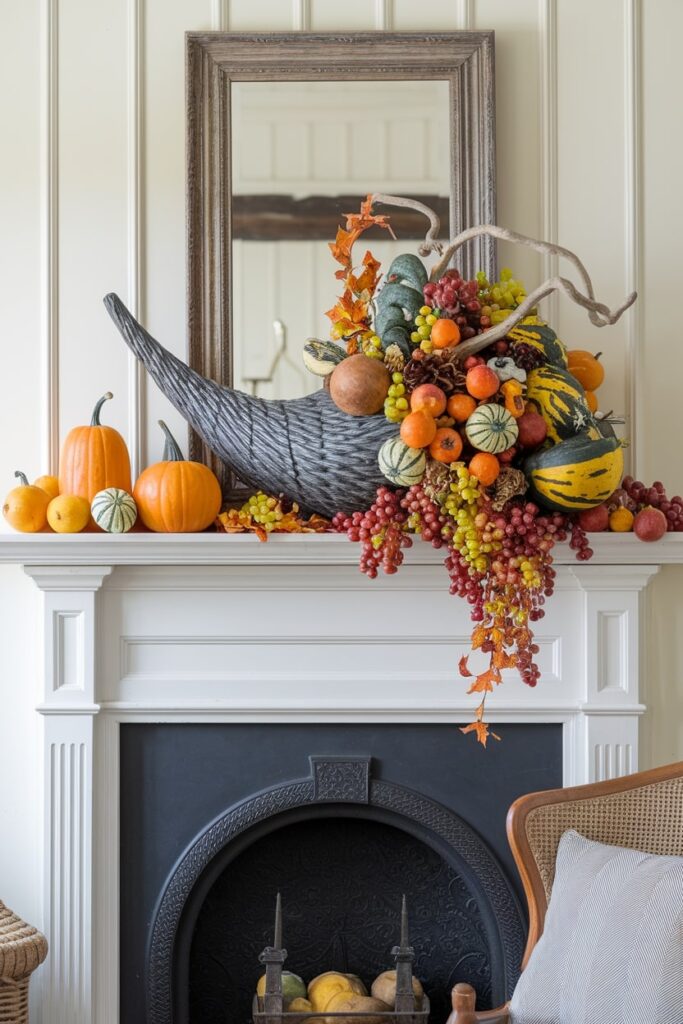 cornucopia filled with pumpkins as fall mantel decor
