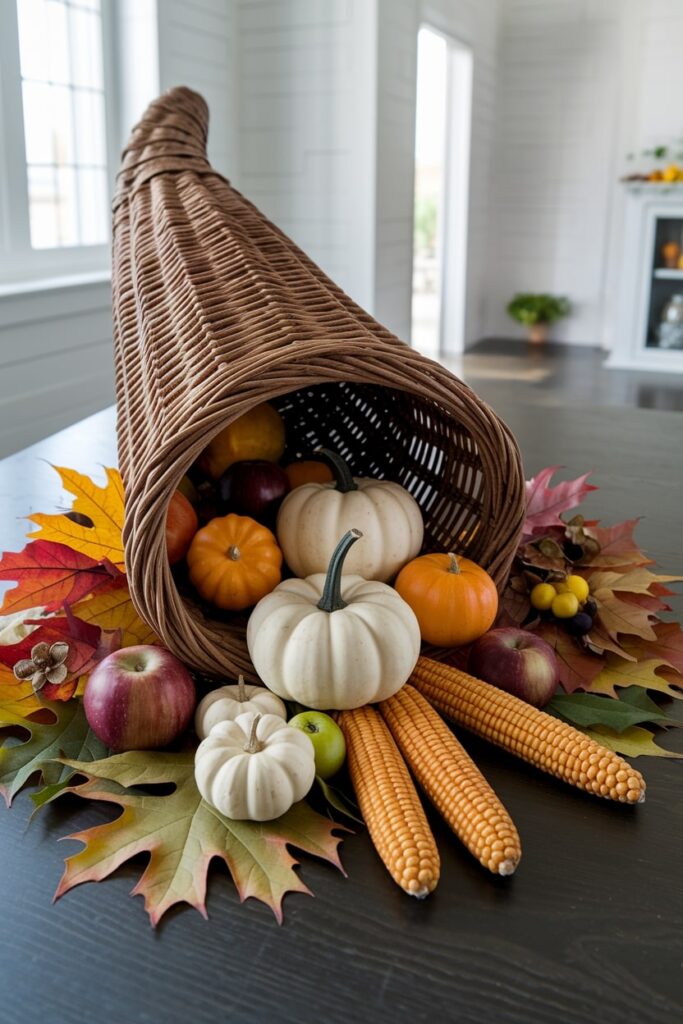 cornucopia with miniature pumpkins, Indian corn, apples, and autumn leaves as Thanksgiving decor