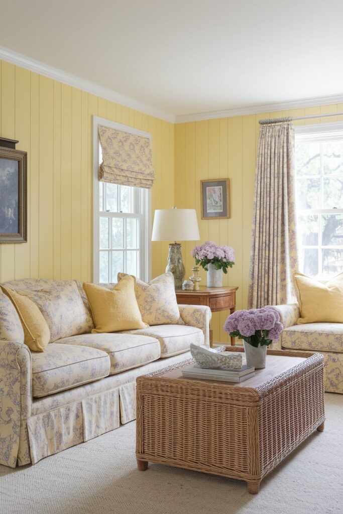 cottage living room with soft pale yellow walls, floral pattern upholstery, lavender color flowers