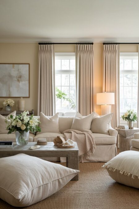 cozy beige living room with oversized floor cushions