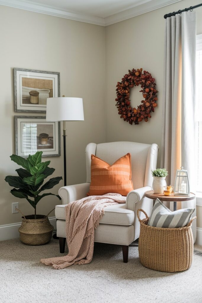 cozy reading nook with fall decor, accent pillow, wreath