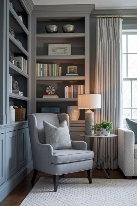cozy reading nook with warm lighting in a gray living room with built-in shelving