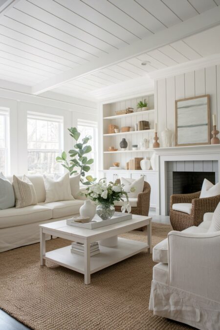 cozy white living room with shiplap ceiling, jute rug, and wicker armchairs