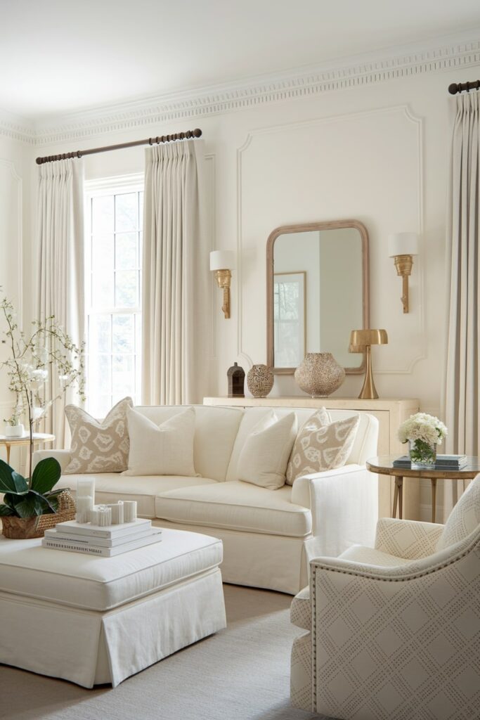 cream and white living room with brass sconces and table lamp
