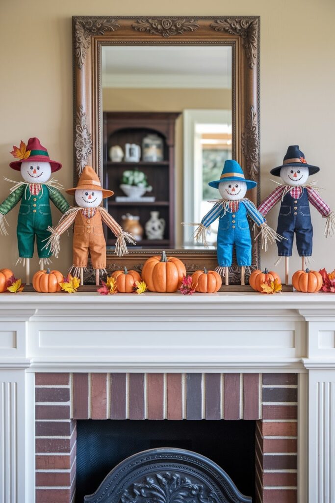 cute mini scarecrows and pumpkins as fall mantel decor