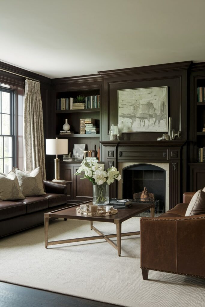dark brown living room with fireplace