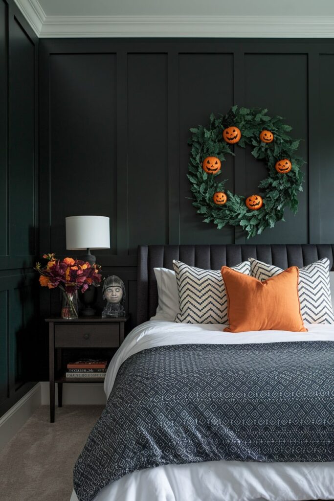 dark Halloween bedroom with wreath above headboard, orange accent pillow