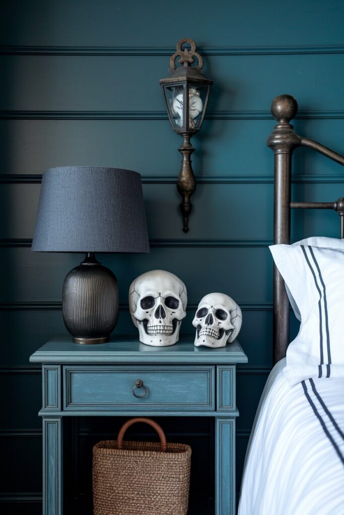decorative skulls on nightstand as Halloween bedroom decor