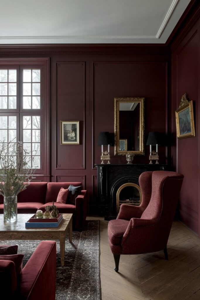 deep dark red living room with traditional furniture style, brass picture frames, black fireplace
