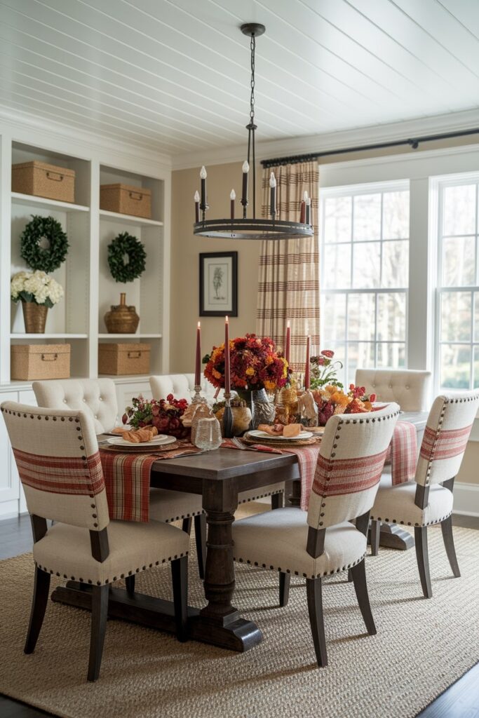 dining table with plaid textile as Thanksgiving decor