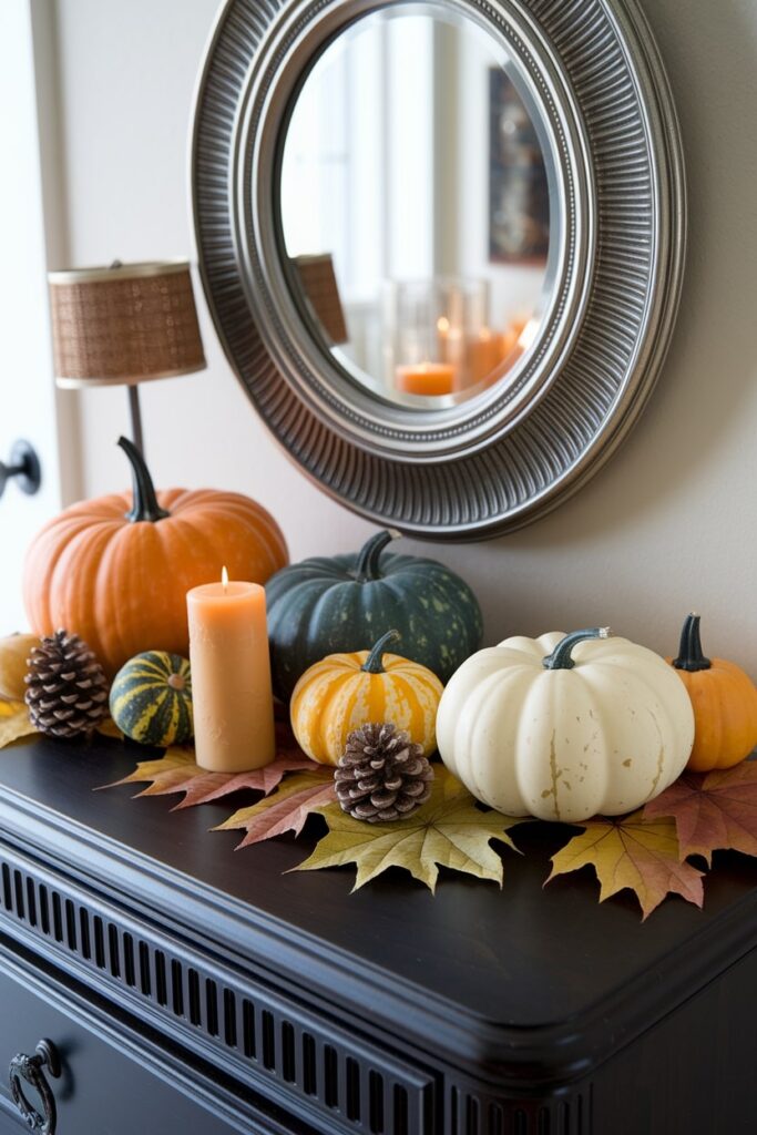 dresser with harvest styling, Halloween bedroom decor, small pumpkins, pinecones, and autumn leaves
