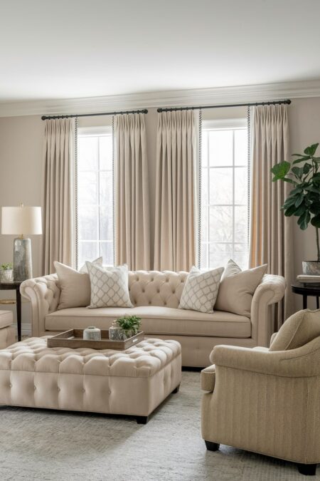 elegant beige living room with tufted beige velvet sofa and ottoman