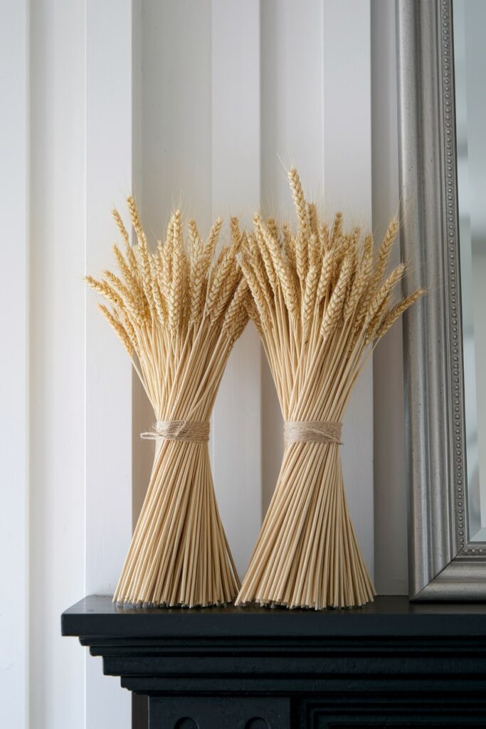 elegant bundles of wheat stalks tied with natural twine as fall mantel decor