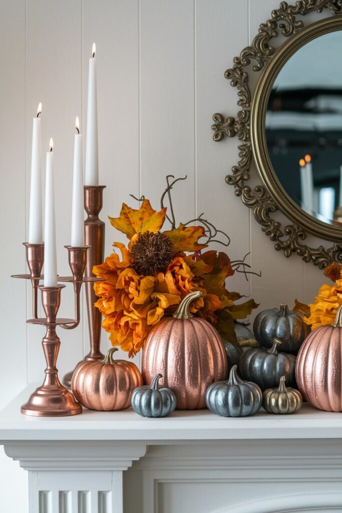 elegant metallic mini pumpkins as fall mantel decor