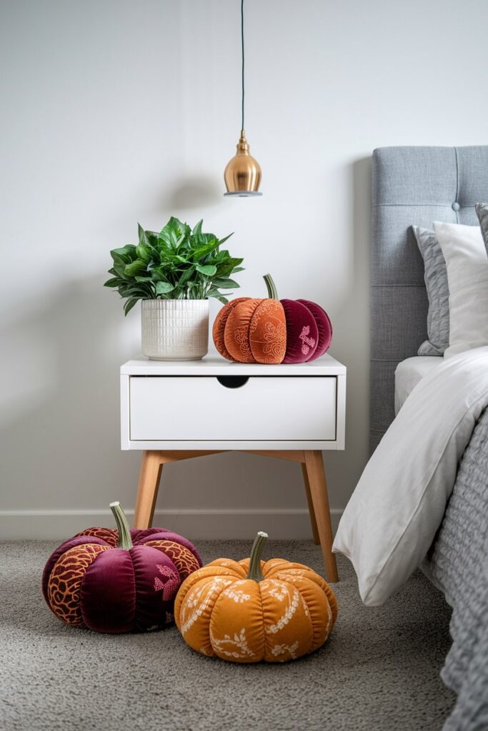 fabric pumpkins of rich autumn color textiles, velvet and brocade as Thanksgiving decor in the bedroom
