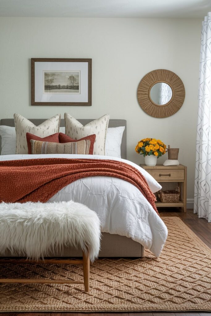 fall bedroom decor in autumn colors, jute rug