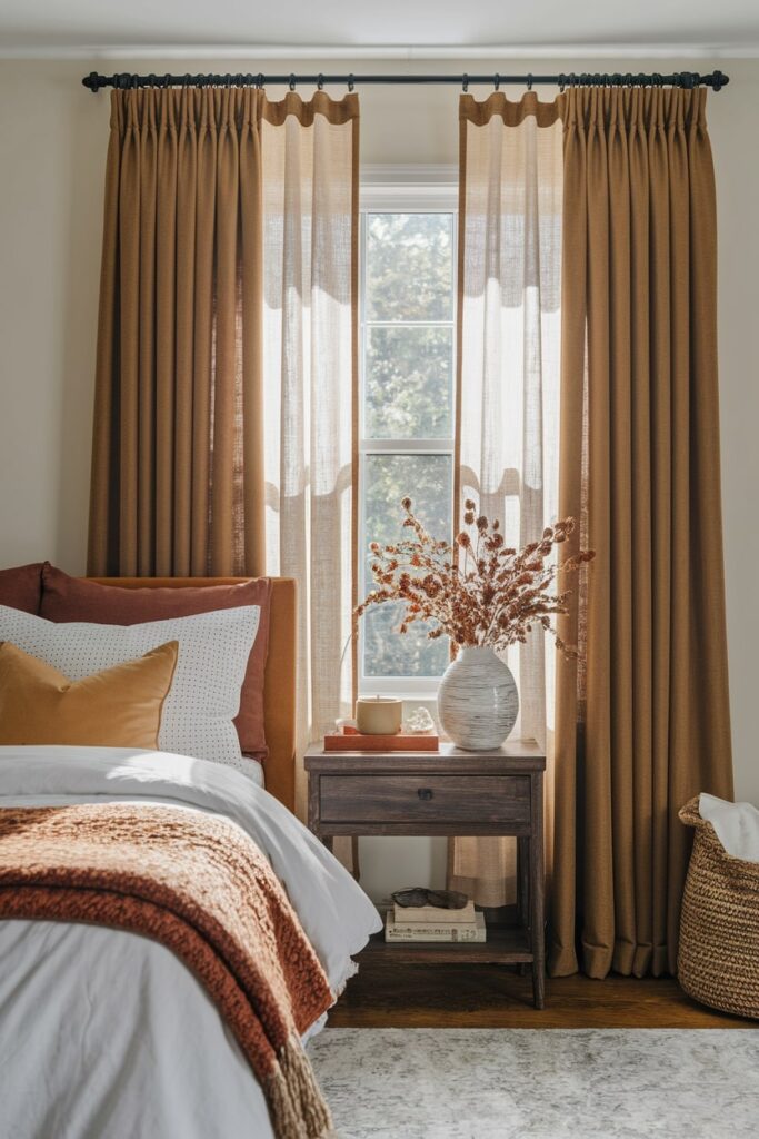 fall bedroom with curtains in warm fall color