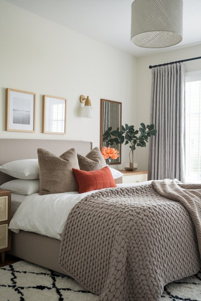 fall bedroom with luxurious textiles, chunky knit throw, autumn color accent pillow