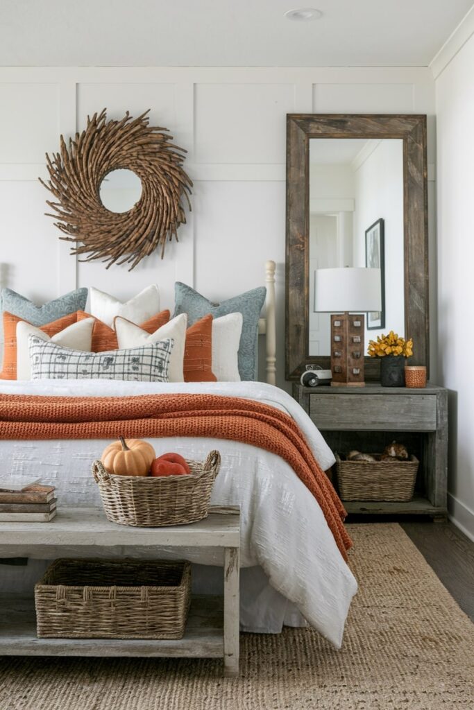 fall bedroom with rustic wood mirror and rustic nightstand as fall decorations