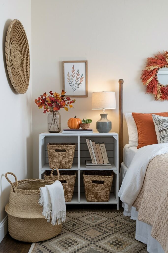 fall bedroom with seasonal storage and decor, woven basket for a blanket, wicker containers for books