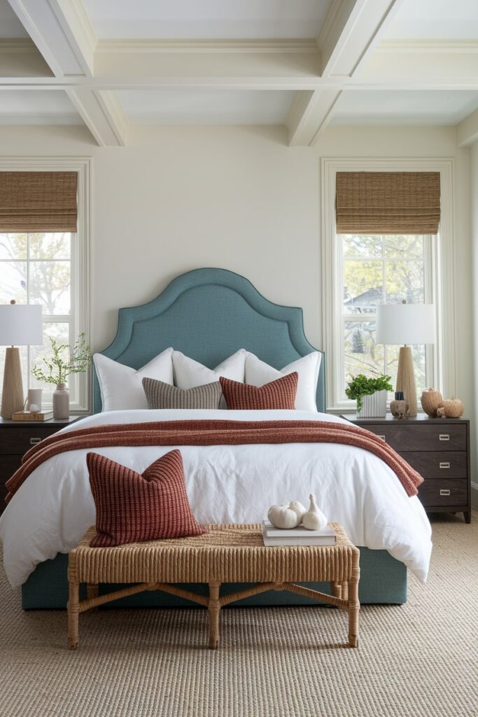 fall bedroom with transitional decor, warm color accents