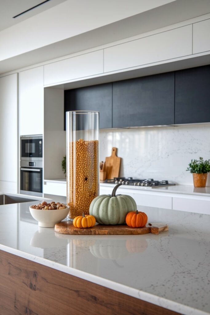 fall kitchen decorations on the kitchen island, tall glass cylinder filled with dried corn, pumpkins, bowl with nuts