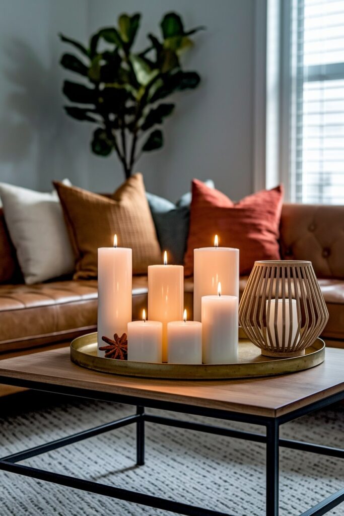 fall living room with autumn-scented candles on the coffee table