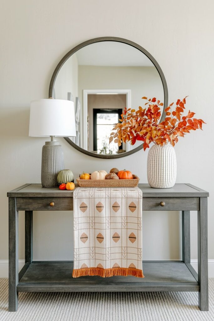 fall living room with autumn table runner and orange fall foliage on the console table
