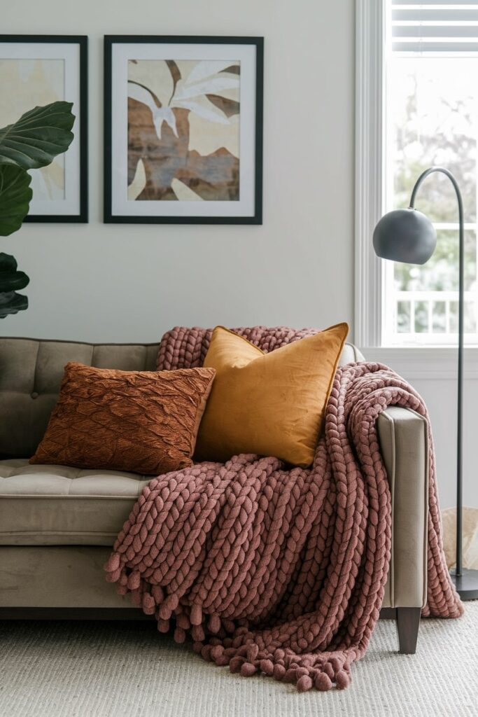 fall living room with chunky knit blanket and accent pillows in autumn colors on the couch