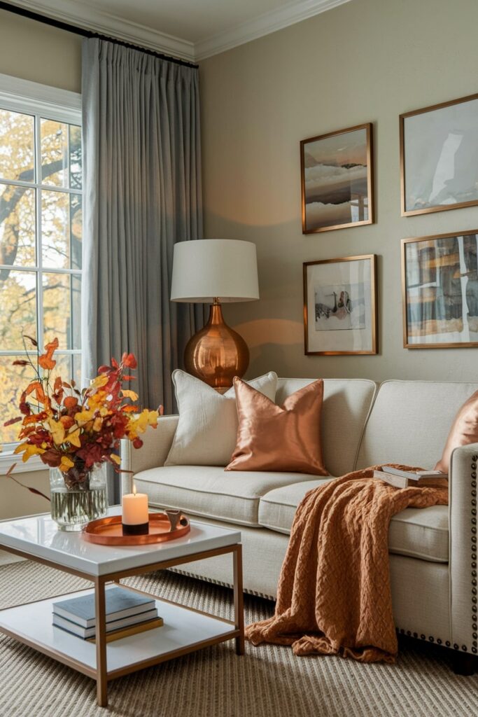 fall living room with copper or brass table lamp and picture frames