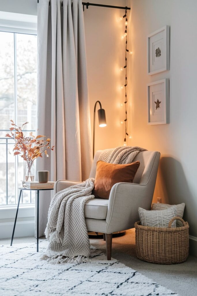 fall living room with cozy reading nook, string lights behind armchair