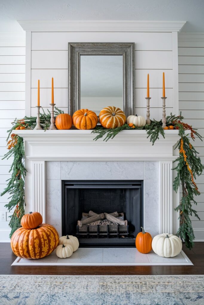 fall living room with decorated mantel, trailing garland, pumpkins, orange candles