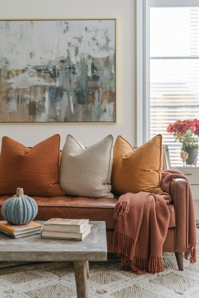 fall living room with textured throw pillows as decor, corduroy, boucle