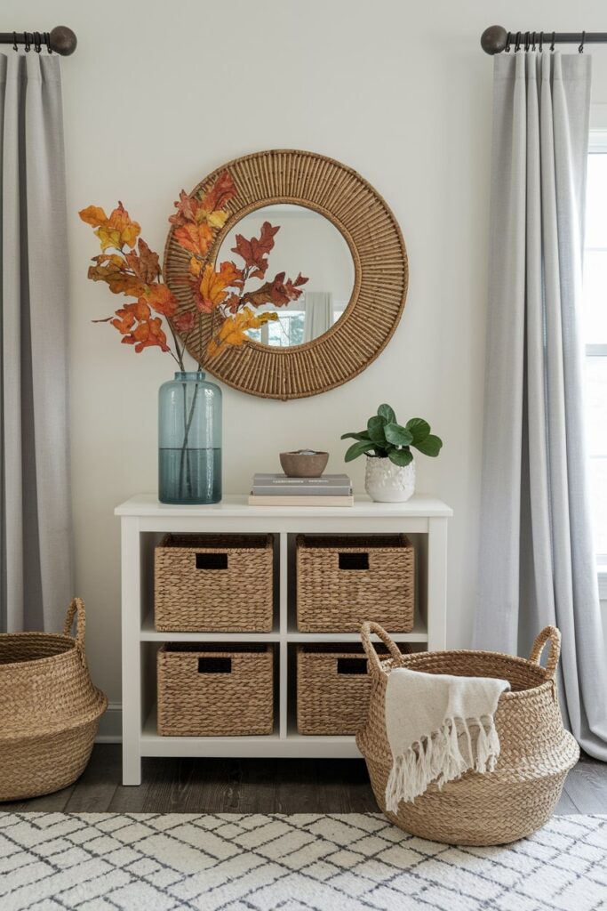 fall living room with wicker storage baskets in the console table