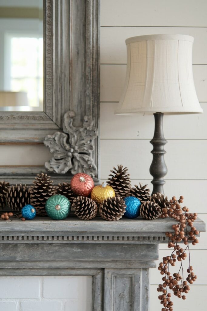fall mantel decorated with pinecones and colorful metallic pumpkins in burnt orange, yellow, and blue