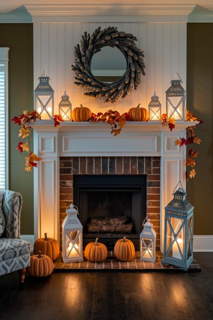 fall mantel decoration pumpkins and ambient lighting from lanterns for harvest moon effect