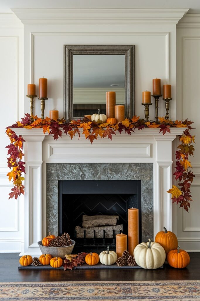 fall mantel with a garland of fall leaves, rich amber pillar candles on the vintage brass candlesticks as Thanksgiving decor