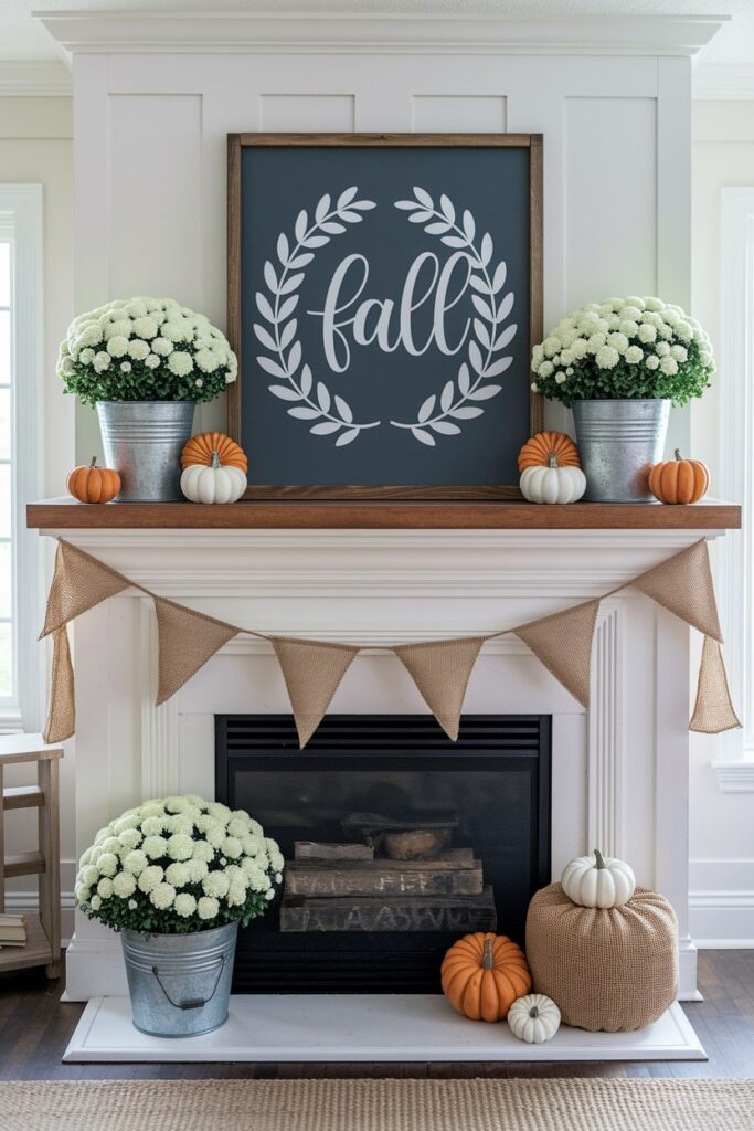 farmhouse fall mantel with seasonal sign in the weathered wood frame, galvanized metal buckets with flowers, burlap garland