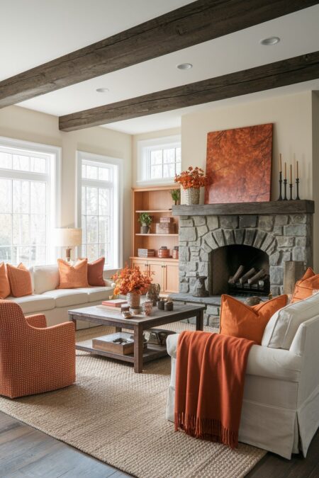 farmhouse living room with exposed wood beams, stone fireplace, autumn-hued artwork, orange pillows and blanket
