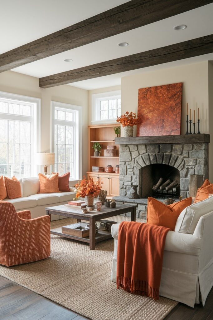 farmhouse living room with exposed wood beams, stone fireplace, autumn-hued artwork, orange pillows and blanket