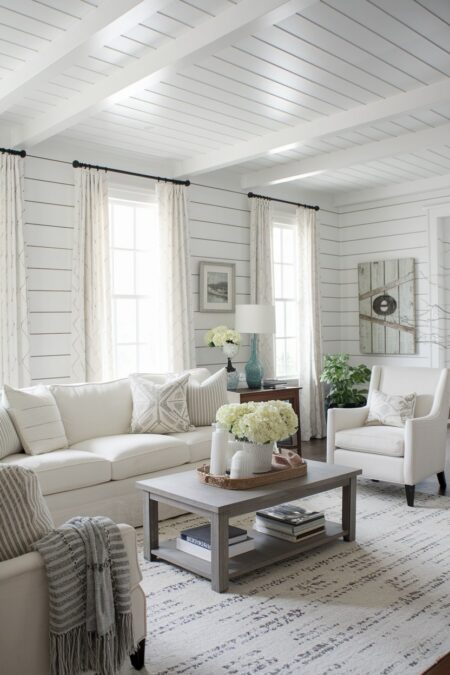farmhouse white living room with shiplap walls, distressed side table and decor