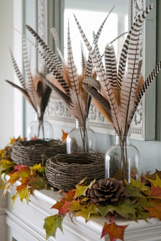 feathers in glass vases, artificial bird nests, and fall leaves as Thanksgiving mantel decor
