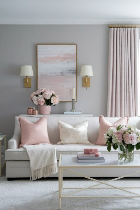 feminine living room with soft gray walls, blush pink, cream, and gold accents