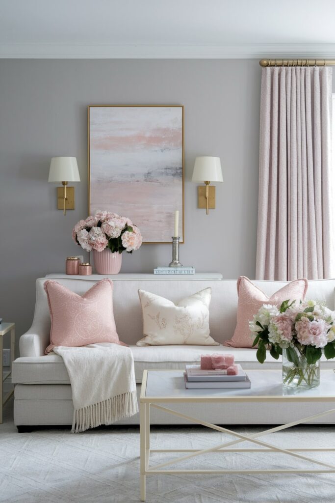 feminine living room with soft gray walls, blush pink, cream, and gold accents