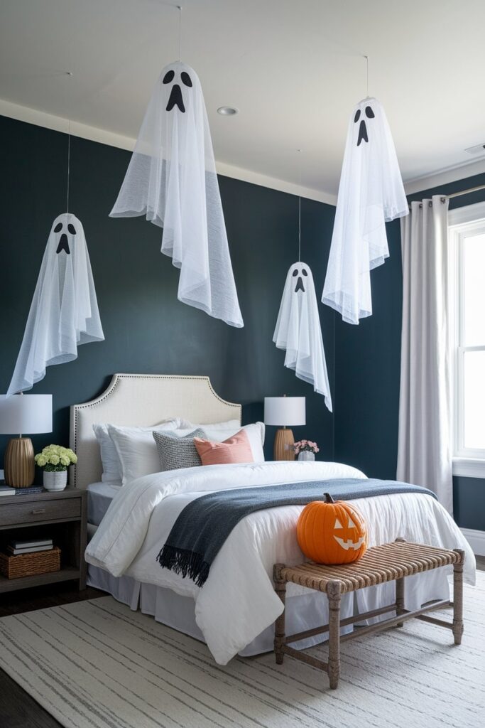 floating ghosts over bed as Halloween bedroom decor